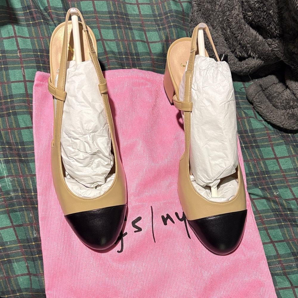 French Sole Tan and Black Slingback Heels